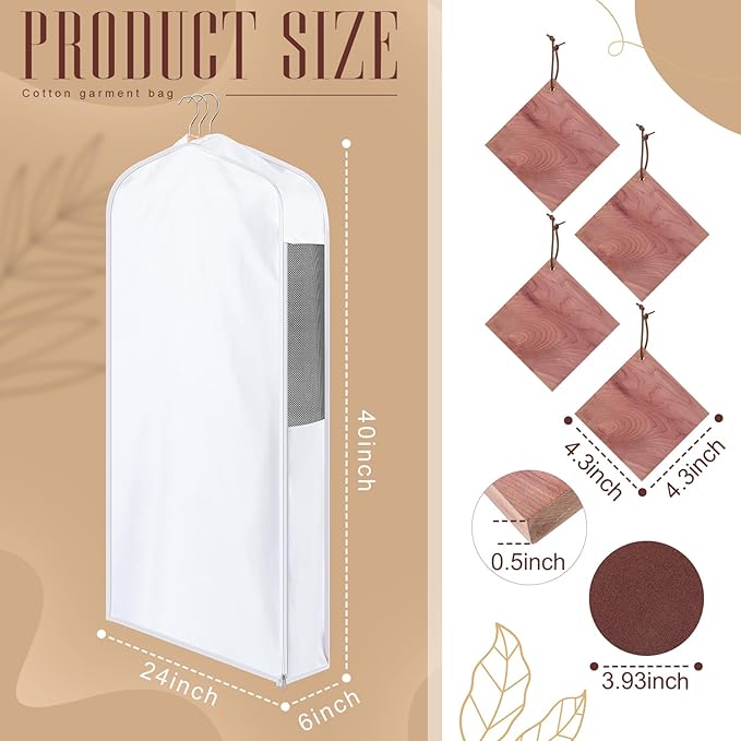 40" Cotton Garment Bag for Hanging and Storage Clothes with 4 Cedar Blocks for Fresh Smell and Moth Protection, Breathable Hanging Storage Bag for Suit Sweater Gown Fur Coat, 6'' Wide, White