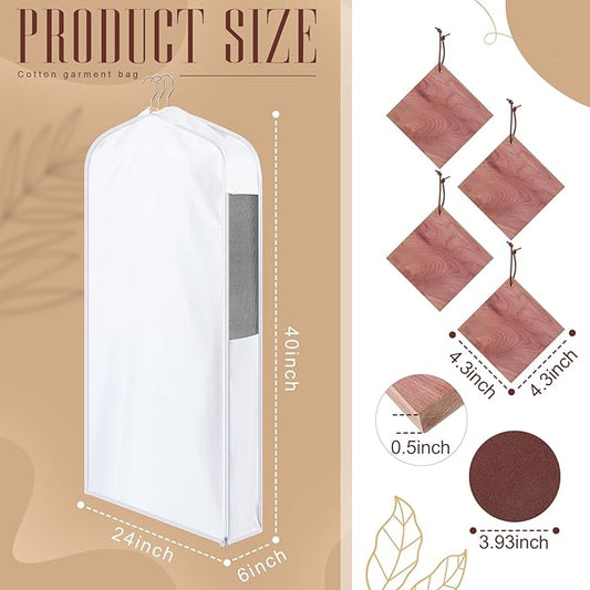 40" Cotton Garment Bag for Hanging and Storage Clothes with 4 Cedar Blocks for Fresh Smell and Moth Protection, Breathable Hanging Storage Bag for Suit Sweater Gown Fur Coat, 6'' Wide, White