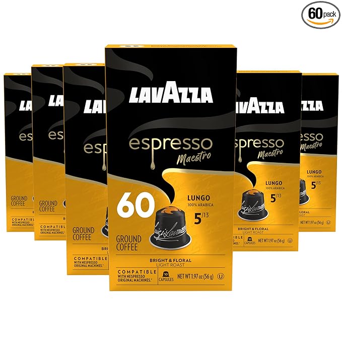 Lavazza Avvolgente Lungo Dark Roast Capsules Compatible with Nespresso Original Machines (Pack of 60) ,Value Pack, Blended and roasted in Italy, Full bodied with velvety, rounded flavor