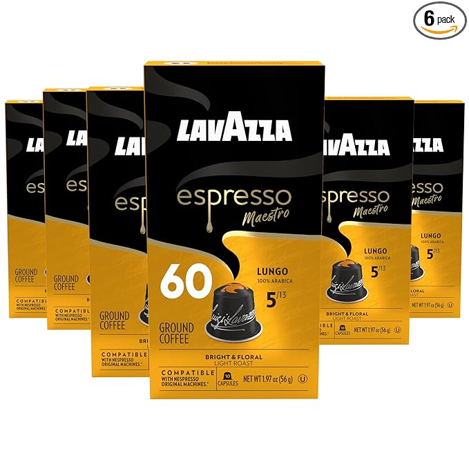 Lavazza Leggero Lungo Medium Roast Capsules Compatible with Nespresso Original Machines (Pack of 60) ,Value Pack, Blended and roasted in Italy, Full bodied, velvety crema and fruity and floral notes