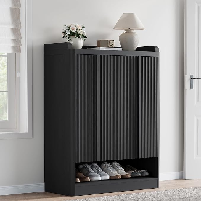 Fluted Shoe Storage Cabinet for Entryway – 45" Tall, 6-Tier Shoe Organizer with 4 Adjustable Shelves, Mid-Century Freestanding Wooden Shoe Rack for Hallway, Living Room, Closet, Black(1PCS)