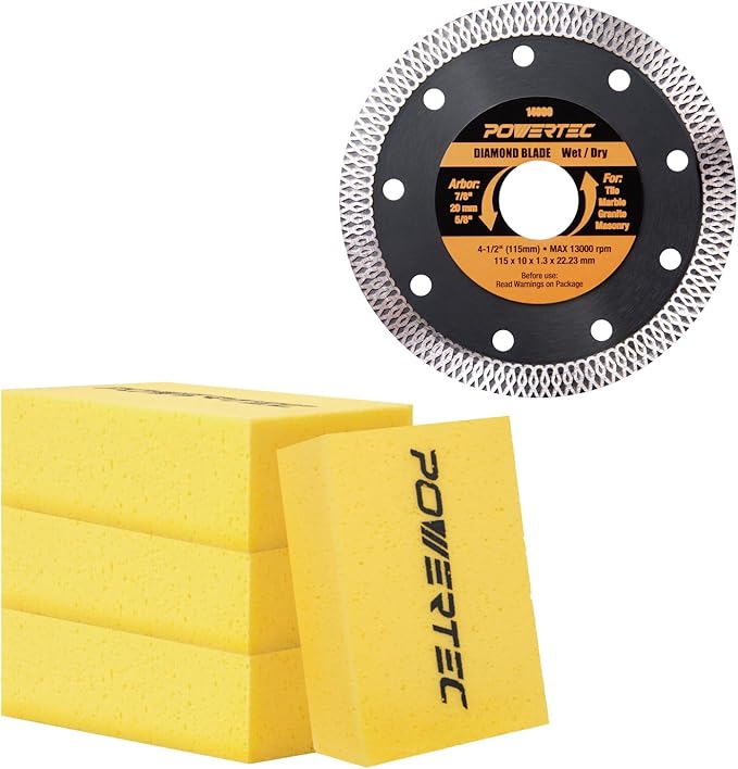 POWERTEC 14031 4-1/2 Inch Diamond Saw Blade for Angle Grinder – 1pk Super Thin Turbo Mesh Rim Blade for Cutting Porcelain, Granite & Ceramic Tile w/ 4pk Large Square Grout Sponge – Tile Grout Removal