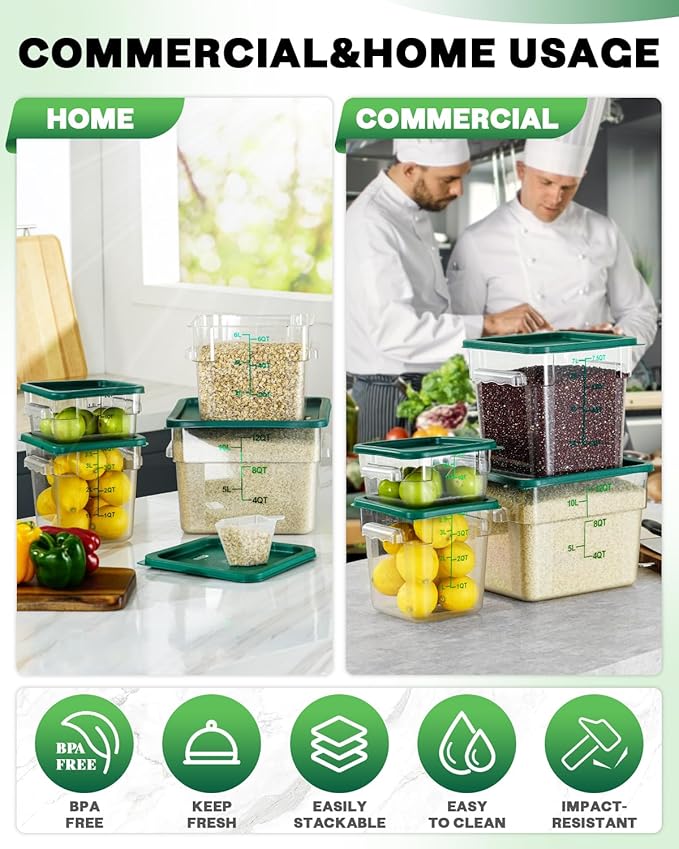 12QT NSF Food Storage Containers with Lids: 4 PCS [Total Food Grade][Hot&Cold Resistant] Commercial Clear Food Storage Containers for Restaurant Kitchen Proof Dough, Measuring Spoons Included(Green)