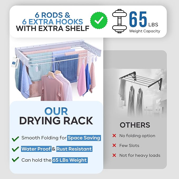 40" Premium Aluminum Foldable Clothes Drying Rack Included Shelf with 6 Rods & 6 Extra Clips - Large Laundry Rack | 65 LBs Capacity Space-Saving Collapsible Design for Indoor Outdoor Use