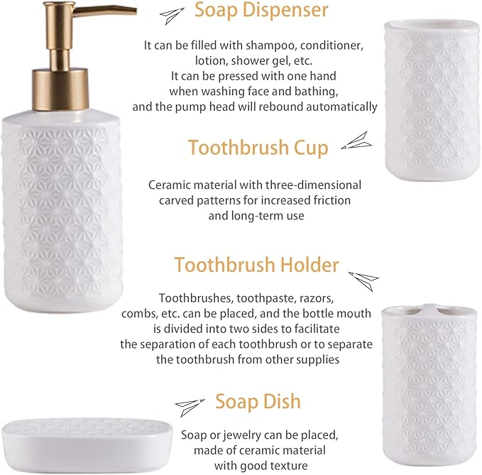 Ceramic Bathroom Accessories Set, 4 Pack Bathroom Ensemble for Bathroom Includes 1 Lotion Dispenser 1 Toothbrush Holder 1 Tumbler 1 Soap Dish (White)