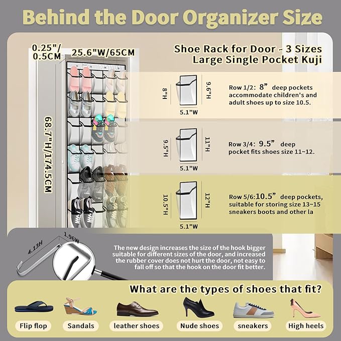 PAULONE Over the Door Shoe Organizer, 30 Multi-Size Large Breathable Mesh Pockets, Reusable Breathable Large Mesh Pockets, Boys' and Girls' Shoe Organizer, Space Saving Hanging Organizer (White)
