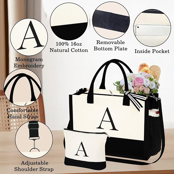 YOOLIFE Christmas Gifts for Women - Initial Tote Bag & Makeup Bag, Womens Christmas Stocking Stuffers Mom Wife Teacher Friend