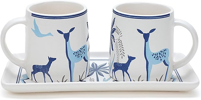 Ceramic Coffee Mugs with Handle Set – 2-Piece 11 Oz Ceramic Coffee Cups & 9" Tray, Handmade White Color, Microwave Safe Gift Set for Tea Lovers, Home Kitchen Décor