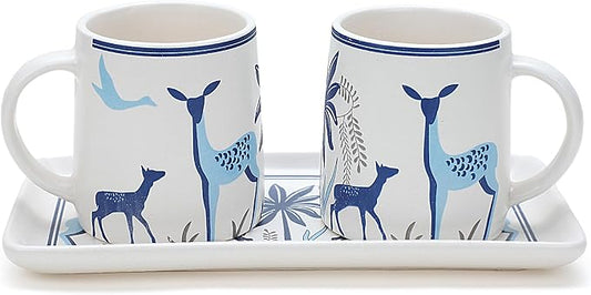Ceramic Coffee Mugs with Handle Set – 2-Piece 11 Oz Ceramic Coffee Cups & 9" Tray, Handmade White Color, Microwave Safe Gift Set for Tea Lovers, Home Kitchen Décor