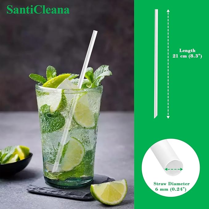 SantiCleana 100 Pack Biodegradable Straws, Individually Wrapped, 8.3", 14℉-185℉, Plant-Based, Straight, White, Compostable, BPA-Free