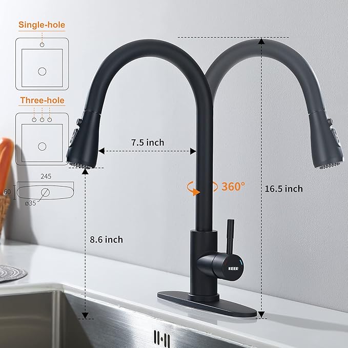 Keer Matte Black Single Handle Pull Down Kitchen Faucet with Soap Dispenser, 3 Modes Sprayer, Deep Plating Metal Finish, Easy Assembly, 20-Inch