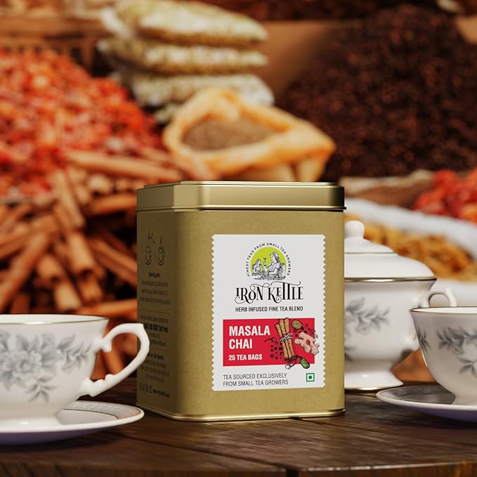 Iron Kettle Masala Chai | Premium Assam CTC tea bag blended with natural spices for strong & spicy sweet flavor | Sourced exclusively from small tea growers with higher fine leaf count | 25 Tea bags