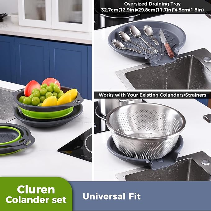Collapsible Colander Set with Universal Draining Tray | 3-Pack Foldable Kitchen Strainers + Base | Space Saving for Pasta, Veggies, Fruit & Rice | 5 Colors (Gray-Green)