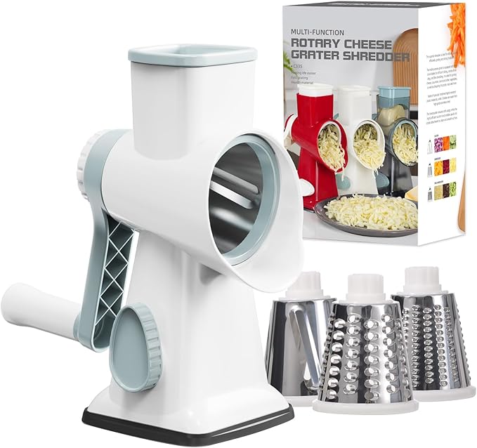 Cheese Grater Cheese Shredder with 3 Interchangeable Blades, Rotary Cheese Grater Manual Vegetable Slicer with Non-slip Suction Base Peanut Nuts Grinder Vegetable Shredder White