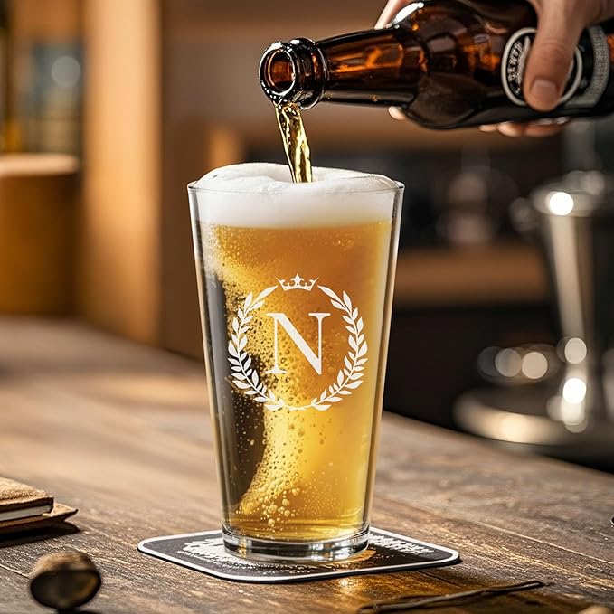 Personalized Beer Glasses Gifts for Men, 16 oz Pint Glasses Monogrammed A-Z Drinking Glass Cups Customized Gift, Unique Christmas Anniversary Birthday Gifts for Men Him Dad Brother Husband Grandpa (N)