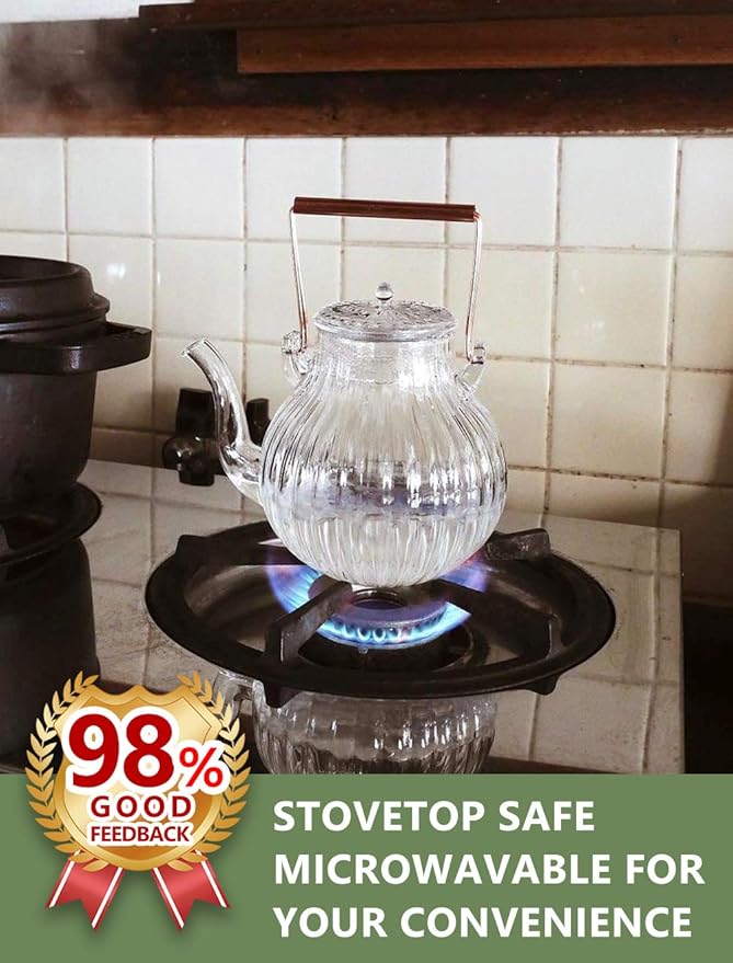IwaiLoft Stovetop Safe Glass Teapot with Removable Infuser Fine Borosilicate Tea Pot perfect for Fruit Flowering Tea Canister Premium Quality Tea Kettle Gift IW-G086 (25OZ, LINE)