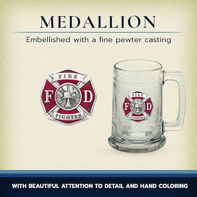 Heritage Pewter Firefighter Beer Stein Glass | 15 Ounce German-Style Beer Glass | Intricately Crafted Metal Pewter Alma Mater Inlay