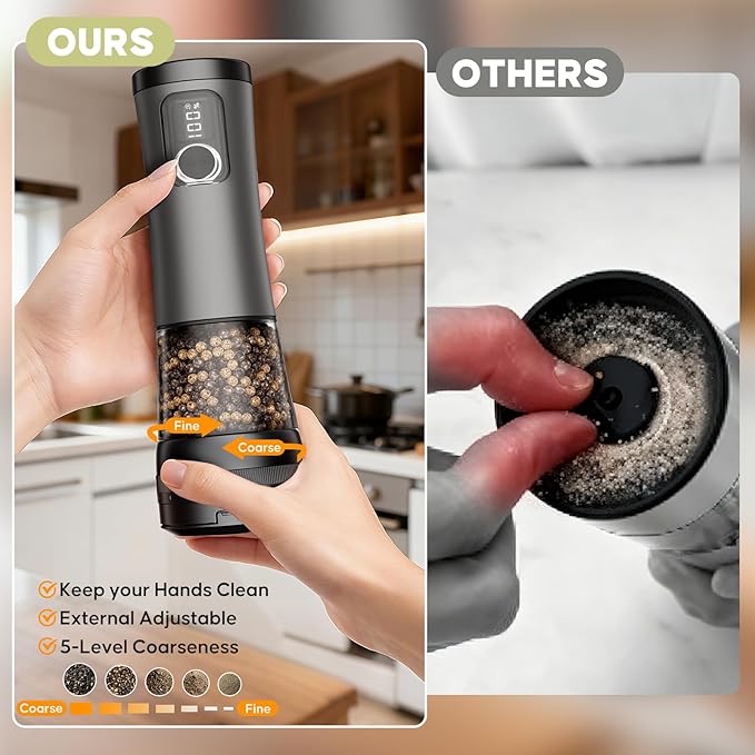 Electric Salt and Pepper Grinder Set - Rechargeable Salt Grinder with Led Power Display - Automatic Pepper Grinder with Storage Base - Pepper Mill with Light for Kitchen