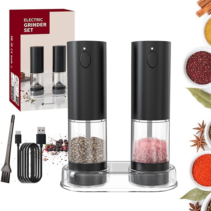 RECHARGEABLE - Electric Pepper and Salt Grinder Set, Adjustable Coarseness, With LED Light, One Hand Automatic Operation (A/Black)