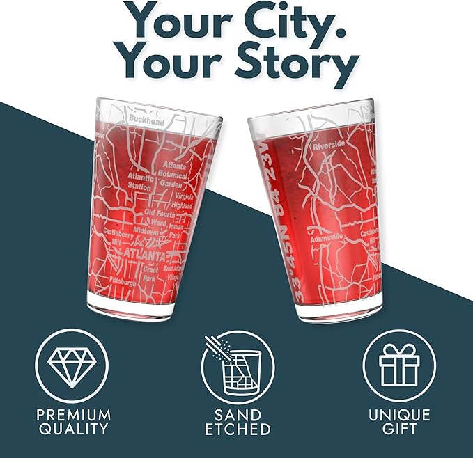 Greenline Goods – Atlanta, GA Map Pint Beer Glasses (Set of 2), 16 oz – Etched Wrap Design