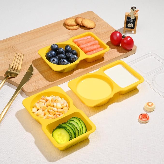 Double Compartment Snack Containers with Lids, 2 Compartment Condiment Container, Plastic Disposable Snack Pack Containers for Sauce, Salad, Food Storage Box(20PCS-Yellow)