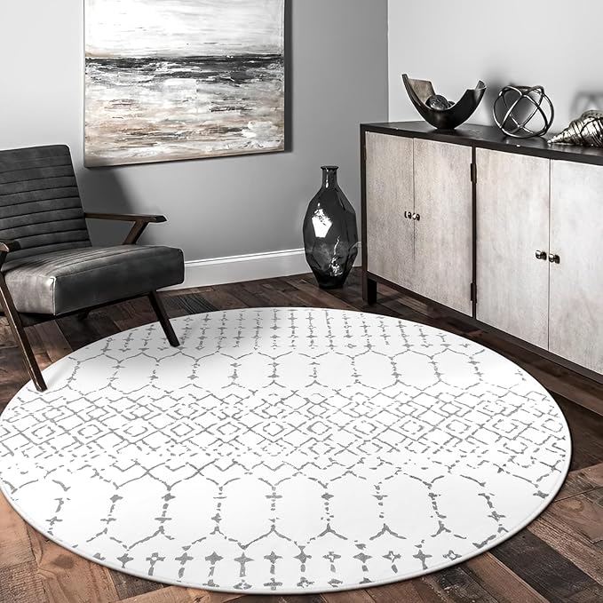 Lahome Moroccan Round Area Rug - 5Ft Machine Washable Soft Round Bedroom Rugs Non-Slip Throw Round Rugs for Living Room, Modern Geometric Print Low-Pile Circle Rugs for Office Dining Room Classroom