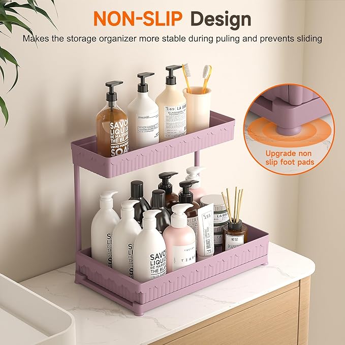 3 Pack Multi-Purpose Under Sink Organizers and Storage, 2025 L-Shaped Pull Out Cabinet Organizer for Bathroom & Kitchen, Under Cabinet Organizer with Hooks Hanging Cup, Pink, 14.85 inch