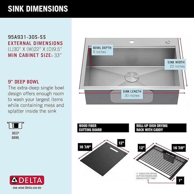 DELTA FAUCET Rivet 30-Inch Workstation Kitchen Sink Drop-In Top Mount 16 Gauge Stainless Steel Single Bowl with WorkFlow Ledge and Chef’s Kit of 5 Accessories, 95A931-30S-SS