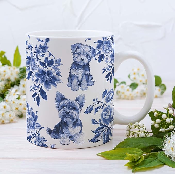 Yorkshire Terrier Blue French Toile Mug, Yorkies Lover Gifts for Women, Blue Chinoiserie Toile Coffee Cup for Yorkshire Terrier Mom, Dog Lovers Tea Coffee Mug Birthday Gifts for Dog Owners, 11oz