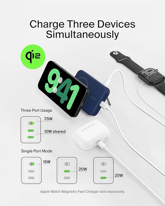 Belkin Portable Charger, Wireless Power Bank 15W 10000 mAh w/ Qi2, MagSafe Charger + Built-in Pop-up Kickstand - iPhone 17, Air, Pro, Pro Max, AirPods, Apple Watch, Google Pixel 10, etc. - Blue