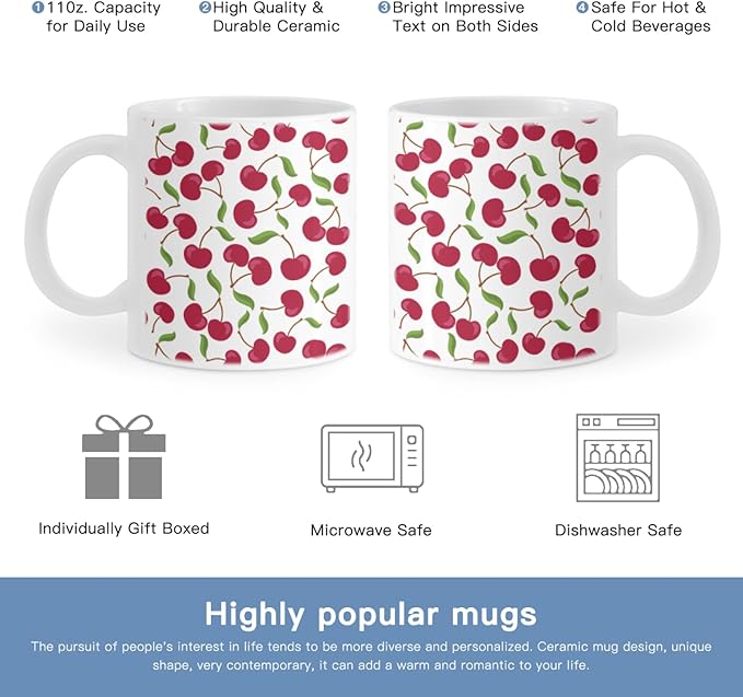 Coffee Mugs Ceramic Latte Mug with Handle Cherry Pattern 11 OZ for Men Women for Latte Cappuccino Cocoa Milk Dishwasher & Microwave Safe