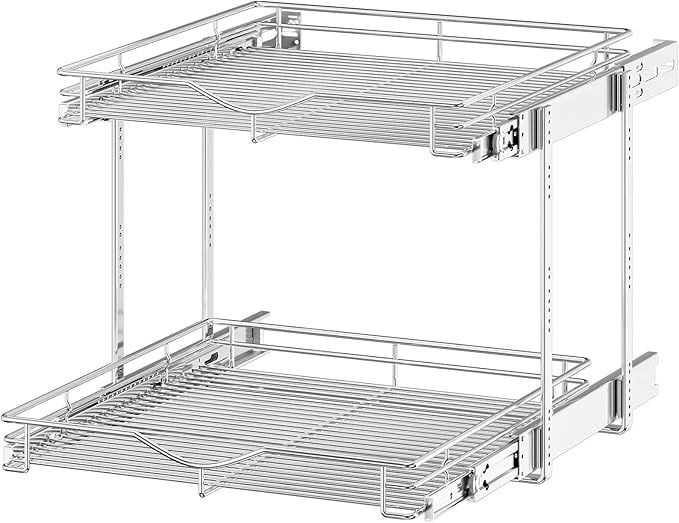 OCG 2 Tier Pull Out Cabinet Organizer (22.5" W x 21.5" D), Pull Out Drawers for Kitchen Cabinets, Pull Out Shelves for Base Cabinet Organization in Kitchen Bathroom Pantry, Chrome Finish