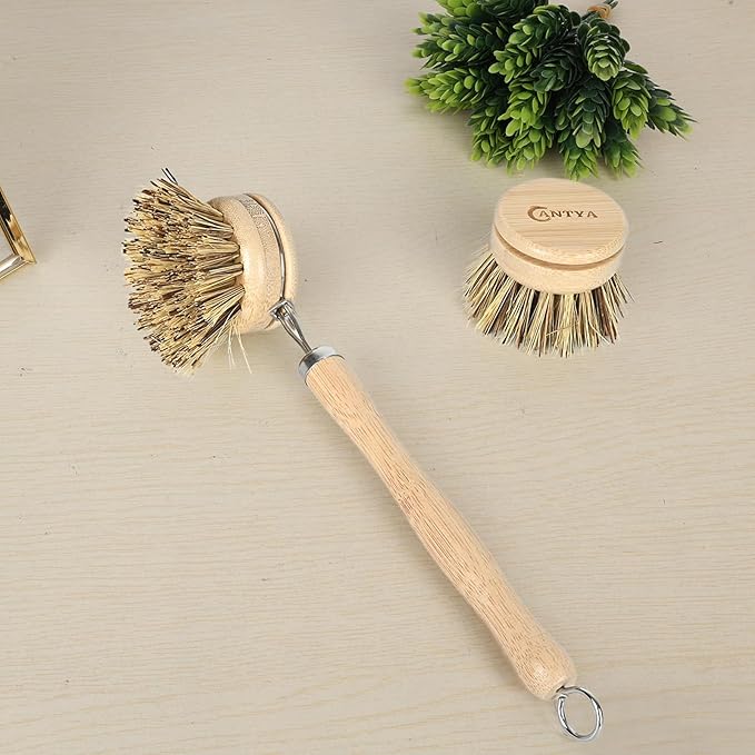 Bamboo Dish Scrubber with Handle 4 Replacement Heads, Natural Kitchen Scrub Brush,Sustainable & Biodegradable, Bamboo Dish Brush for Cleaning Cast Iron Pan/Pot(Hard Bristles)