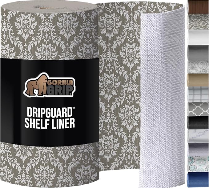GORILLA GRIP DripGuard Shelf Liner, Non Adhesive Drawer and Kitchen Cabinet Protector, 24x240 Inch, Slip Resistant BPA Free Smooth Surface Plastic Liners for Cabinets, Bathrooms, Closets, Beige Cream