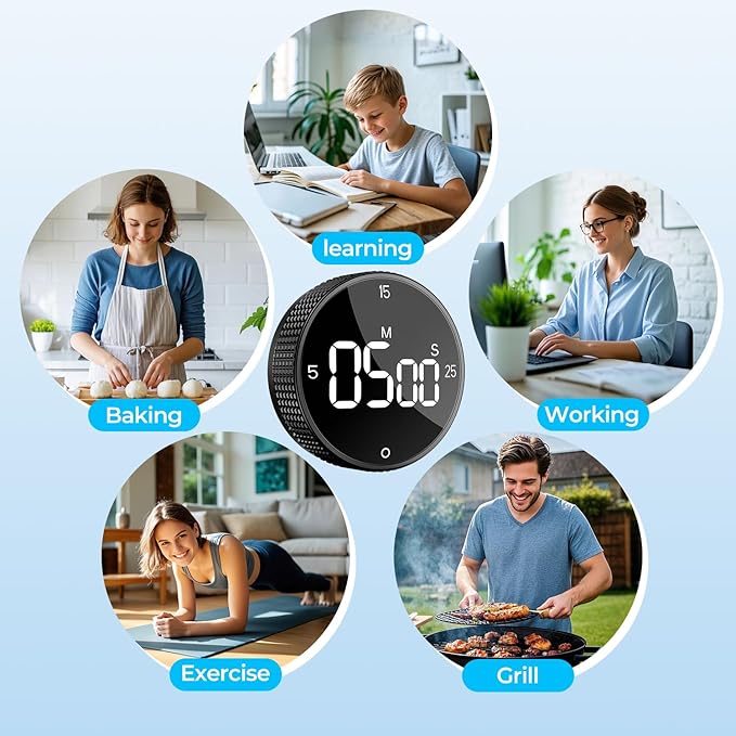 Magnetic Kitchen Timer for Cooking with Loud Alarm - Large LED Display Rotating Countdown Pomodoro Timer, Preset 5/15/25 Mins Easy for Seniors and Kids，for Baking Grilling Studying