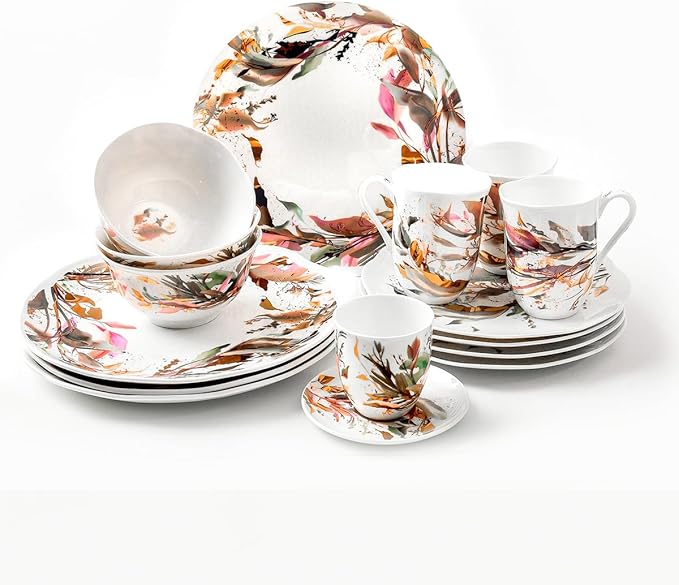Pink & Gold Plates and Bowls Sets Dishes Set for 4, Ceramic Plates and Bowls Set, Service for 4, Bone China Dinnerware Set Salad Dessert Plates, and Cereal Bowls Set, Microwave safe by KOKEN