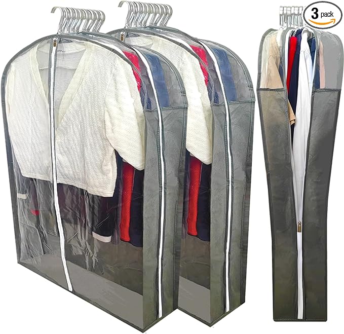 Garment Bags for Hanging Clothes with 6.3" Gusset, 40" Suit Bags for Closet Storage, Clear Suits Covers and Side Zipper Protector for Jacket, Coat, Sweater, Shirts, Clothing, Grey/3 Packs