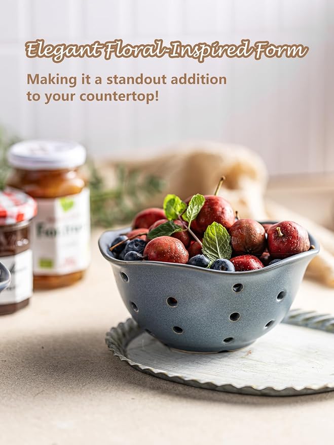 Gomakren Ceramic Berry Basket Set of 2, Elegant Fruit Basket Container 6 Inch, Fruit Bowl with Holes for Kitchen Counter, Berries, Strawberry, Grape, Cherry, Floral Shape - Slate Blue