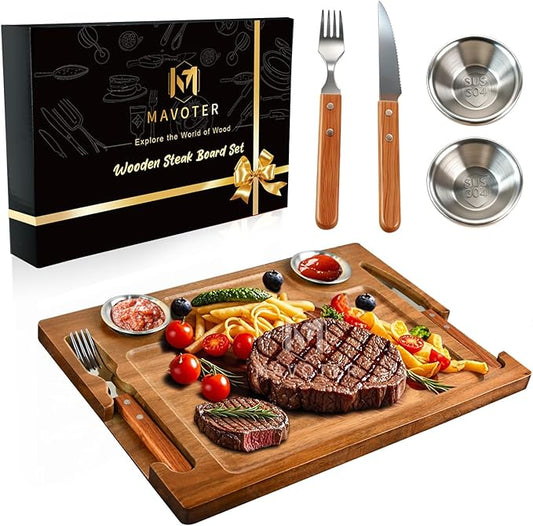 Acacia Wooden Steak Board - Steak Plate Cutting Board with Fork, Knife and Ramekins Wood Serving Board for Home 15.7 Inches (1 set)
