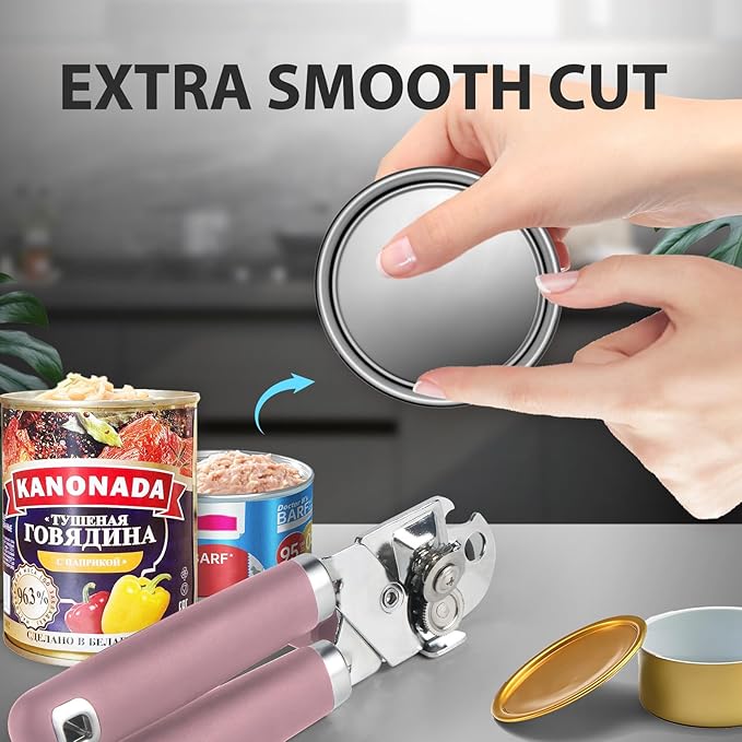 Can Opener Manual, Heavy Duty Handheld Strong Can Opener with Soft Touch Handle, Sharp Blade Smooth Edge, Can Openers with Multifunctional Bottle Opener, Pink