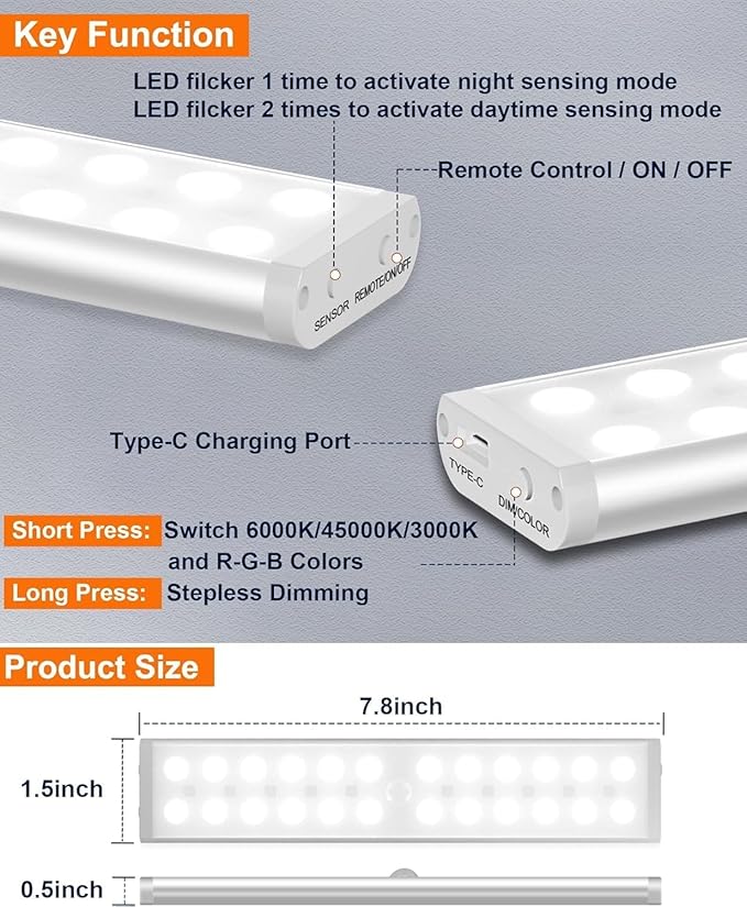 Diomart Under Cabinet Lighting Wireless, RGB Rechargeable Motion Sensor Light Indoor Night Lights, 58 -LED Remote Control Under Counter Lightis for Kitchen, Wardrobe, Hallway, Stairs, Desk(4 Pack)