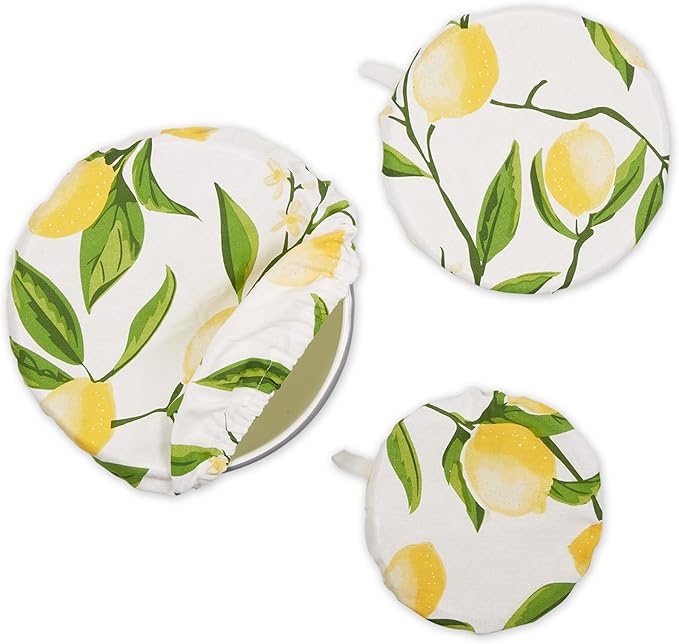 DII Reusable Cloth Bowl Cover Collection Machine Washable, Cotton with Elastic Stretch for Food Storage, 10.25"/8.25"/7.5" Diameter, Lemon Bliss Print, 3 Piece