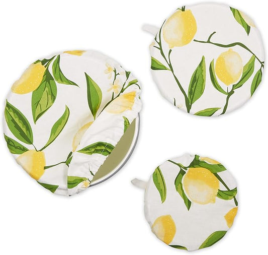 DII Reusable Cloth Bowl Cover Collection Machine Washable, Cotton with Elastic Stretch for Food Storage, 10.25"/8.25"/7.5" Diameter, Lemon Bliss Print, 3 Piece