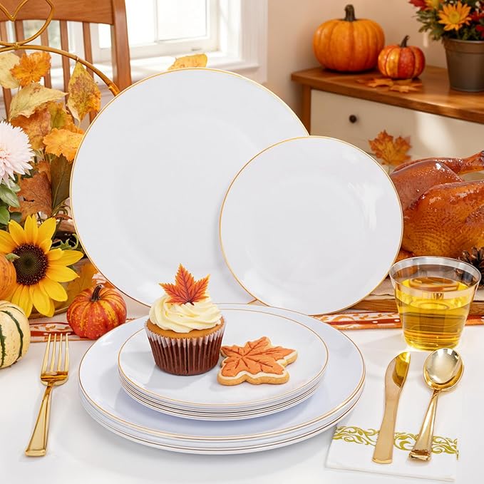 NOCCUR 350PCS Gold Disposable Dinnerware Set for 50 Guests - White and Gold Plastic Plates Include 50 Dinner/Dessert Plates, 150 Silverware and 50 Napkins/Cups Ideal for Party/Christmas