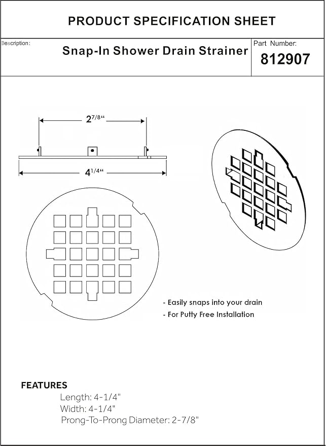 Artiwell 4-1/4” OD Snap-in Shower Drain Cover, Round Shower Drain Strainer Grid, Replacement Cover, Designed for Long-Lasting
