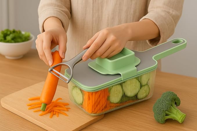 Multifunctional Mandoline food Slicer & Vegetable Chopper with Container – 6-in-1, mandolin, Cutter, Grater, Potato Slicer, Tomato Cutter, cabbage grater & Fruit/Veggie Shredder -Safe & Easy to Use