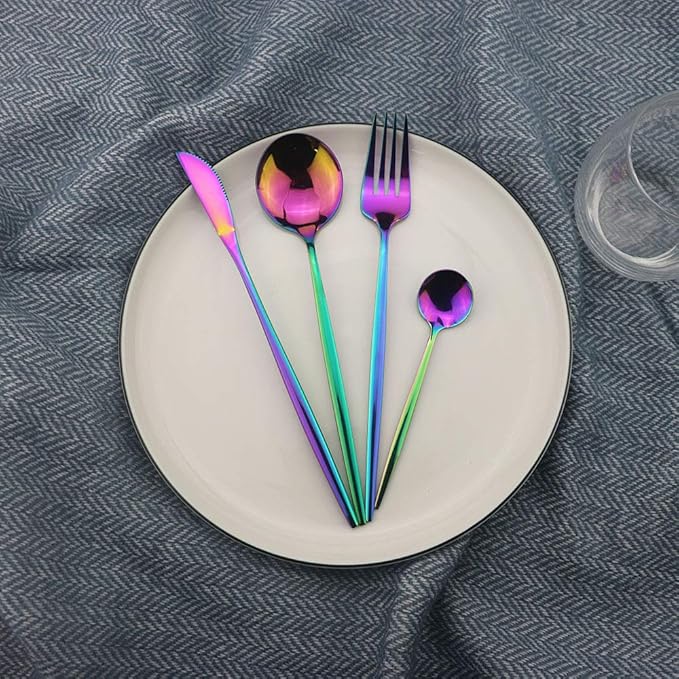 JASHII Flatware Set 24 Piece, Stainless Steel With Titanium Colorful Plated, Multicolor Flatware Set, Silverware, Rainbow Color Cutlery Set Service For 6