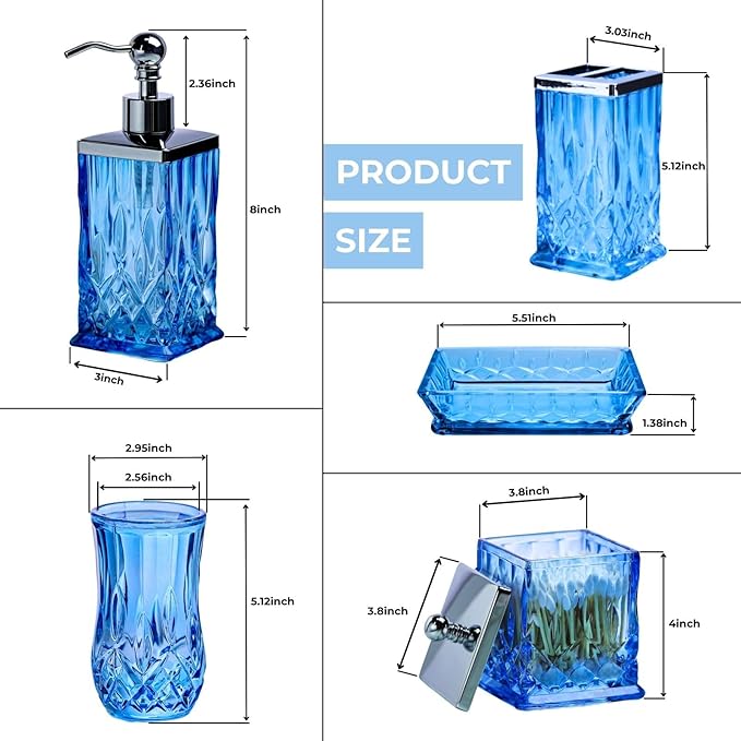 Bathroom Accessories Set,5 Pcs Blue Glass Bathroom Accessory Set,Complete Lotion Soap Dispenser, Toothbrush Holder,Soap Dish,Tumbler & Jar,Modern Bathroom Decor Sets,Gift for Home Apartment,Square