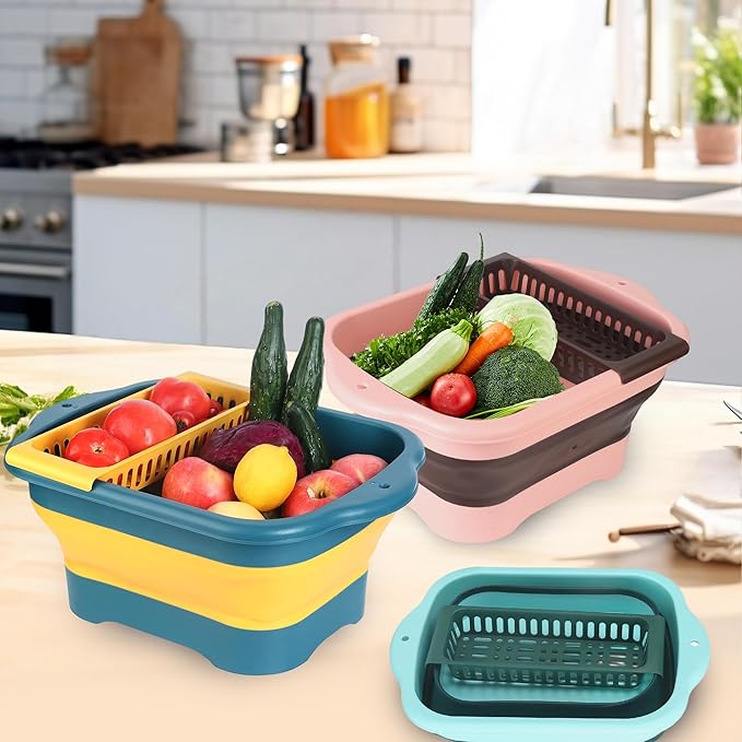 Collapsible Dish Basin Colander for Kitchen,Portable Bucket Camping Sink 2.9 Gallon (11L) (Green)