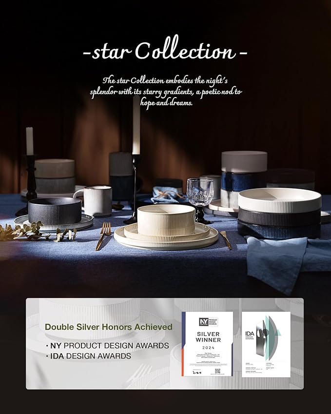 Famiware Star Dinnerware Set, Plates and Bowls Sets for 4 (12pcs), Ribbed Stoneware Dishes - Chip & Scratch Resistant, Microwave & Dishwasher Safe, Matte Gray